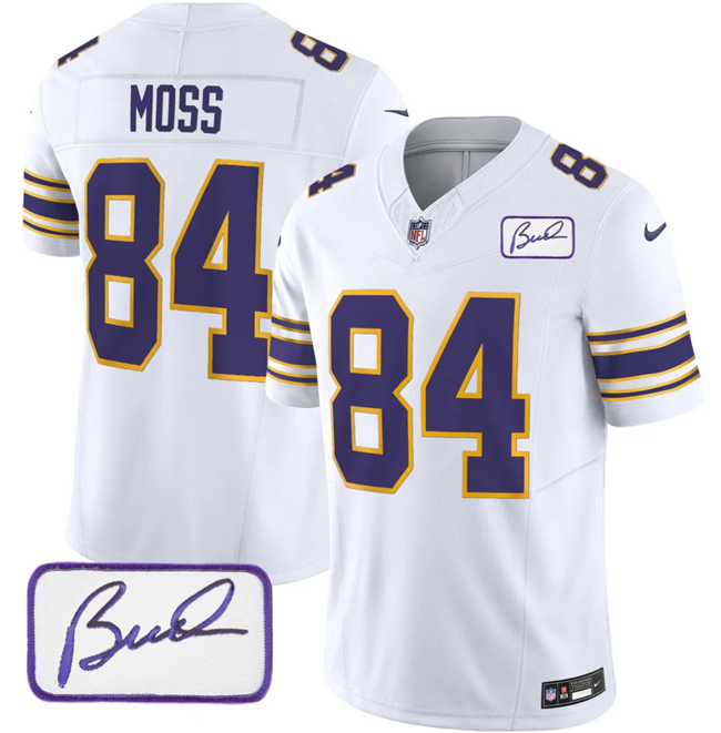 Men's Minnesota Vikings #84 Randy Moss White 2023 F.U.S.E. Bud Grant patch Limited Stitched Jersey - Click Image to Close